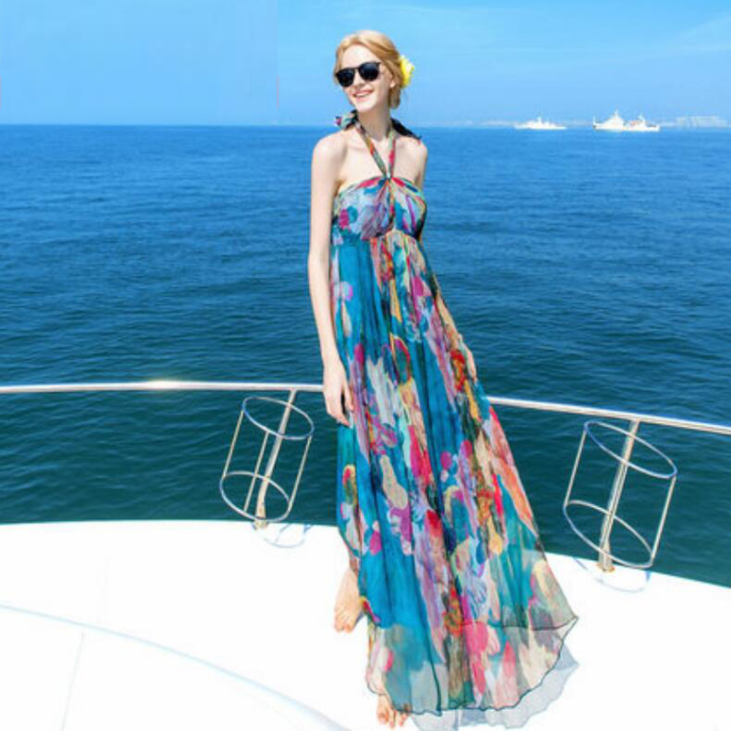 Women 100 Silk dress Beach dress 100% Natural Silk Blue Print dress Holiday summer dresses
